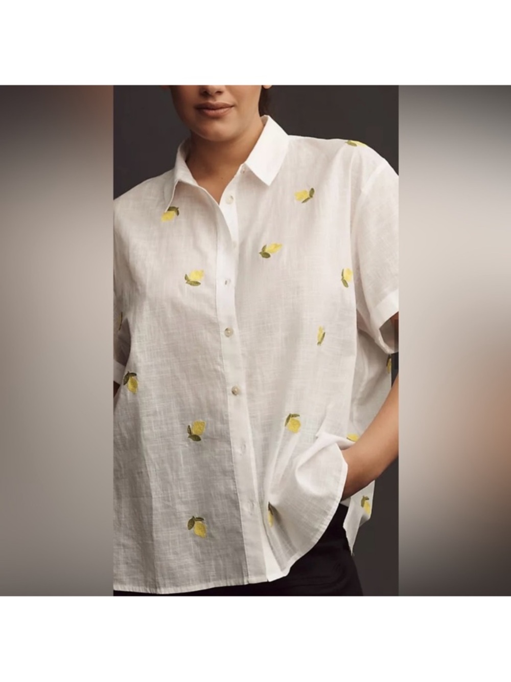 Anthropologie Maeve White Lemon Embroidered Short Sleeve Button Up Shirt Size M - Picture 4 of 9